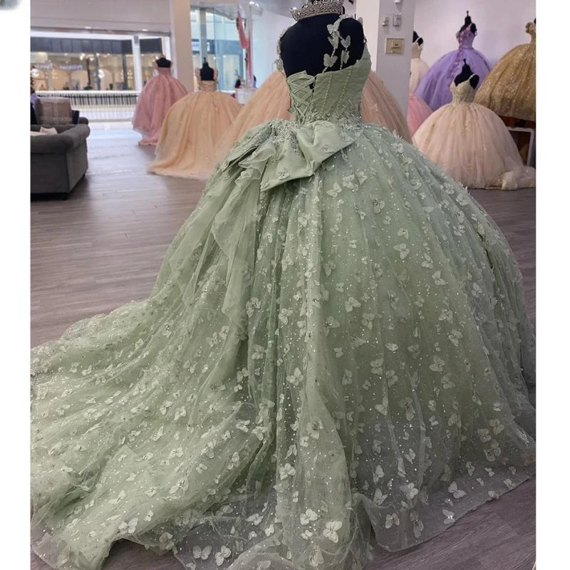 Vestido De quinceañera plisado con lazo De mariposa 3D, verde salvia, correa De espagueti, corsé con cuentas De cristal, 15 Años