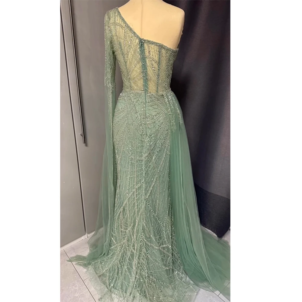 Elegant Mermaid One Shoulder Evening Dress for Women 2024 Elegant V Neck Crystal Long Formal Prom Wedding Party Gown Customized