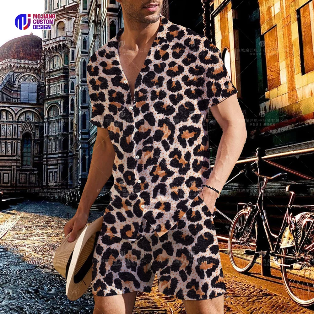 2023 Summer Men\'s Leopard Print Colorful 3D Lapel Shirt Button Short Sleeve + Shorts Set Men\'s Sports Hip Hop Set 2 Pieces