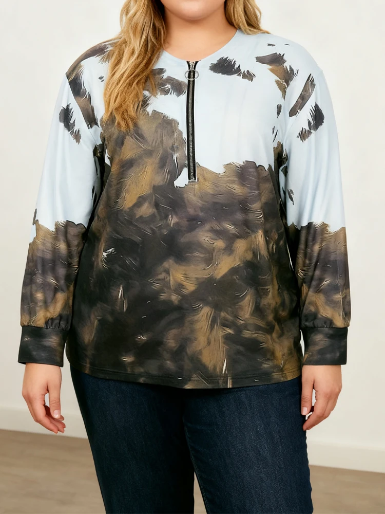 التخليص حجم كبير مطبوعة طويلة الأكمام البلوز نصف البريدي الجولة الرقبة قميص بولو حجم كبير بلايز المرأة للبيع تي شيرت غير رسمي #6