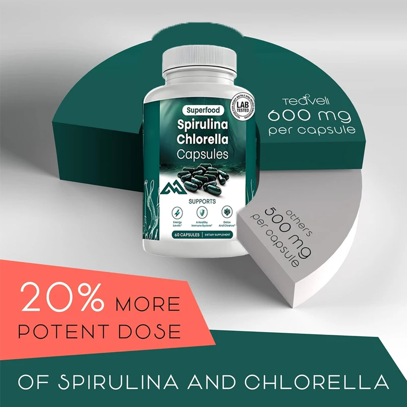 Organic Spirulina  Chlorella Capsules - Chlorophyll Pills and Blue Green Algae Support a Healthy Immune System with 60 Capsules