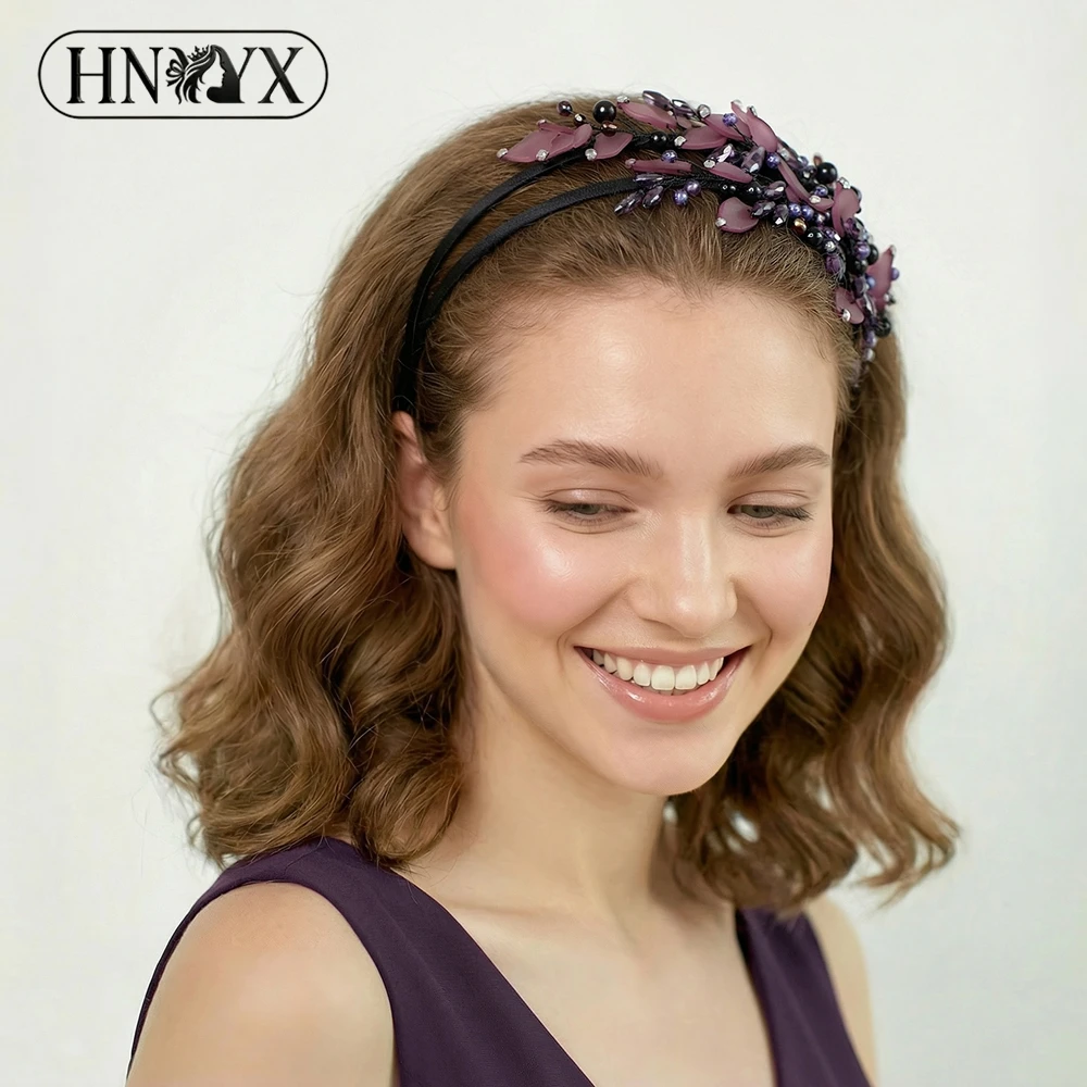HNYYX Purple Rhinestone Headband Crystal Beaded Hair Accessories Luxury Vintage Hairpiece Party Headwear Wedding Hair Tiara A143