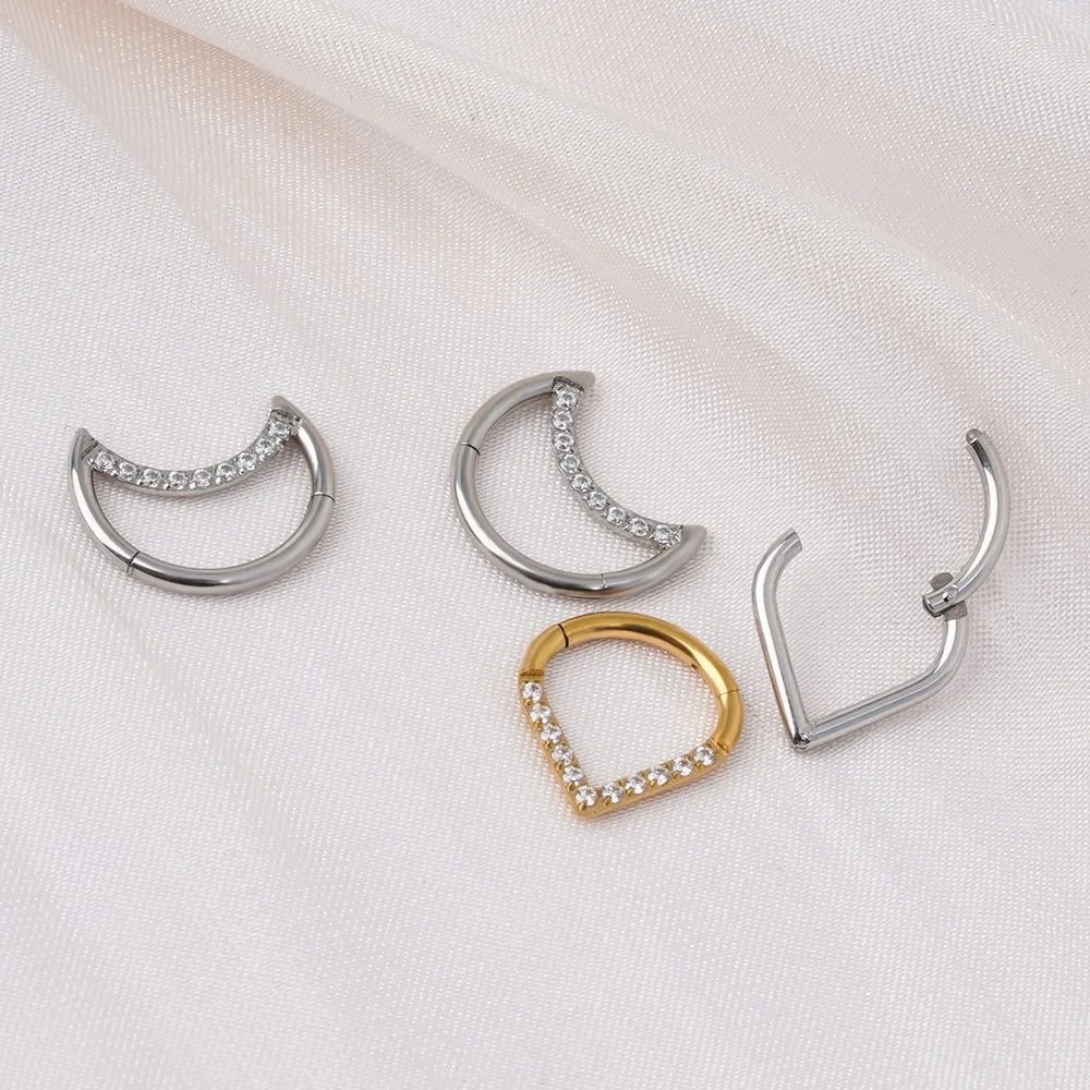 F136 Titanium Hinged Tear Drop Segment Ring Septum Nose Clicker Piercing Cz Lip Labret Ear Tragus Cartilage Daith Helix Earring view 2