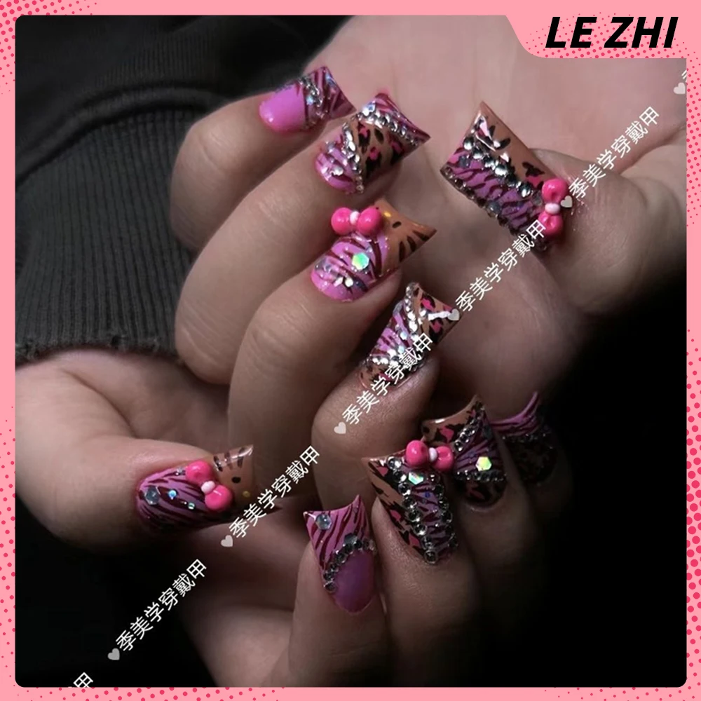 

Handmade Hello Kitty Duckbill Press On Nails Art Hand-Painted Zebra Print Leopard Pearl French Sparkle Full Cover Fake Nails