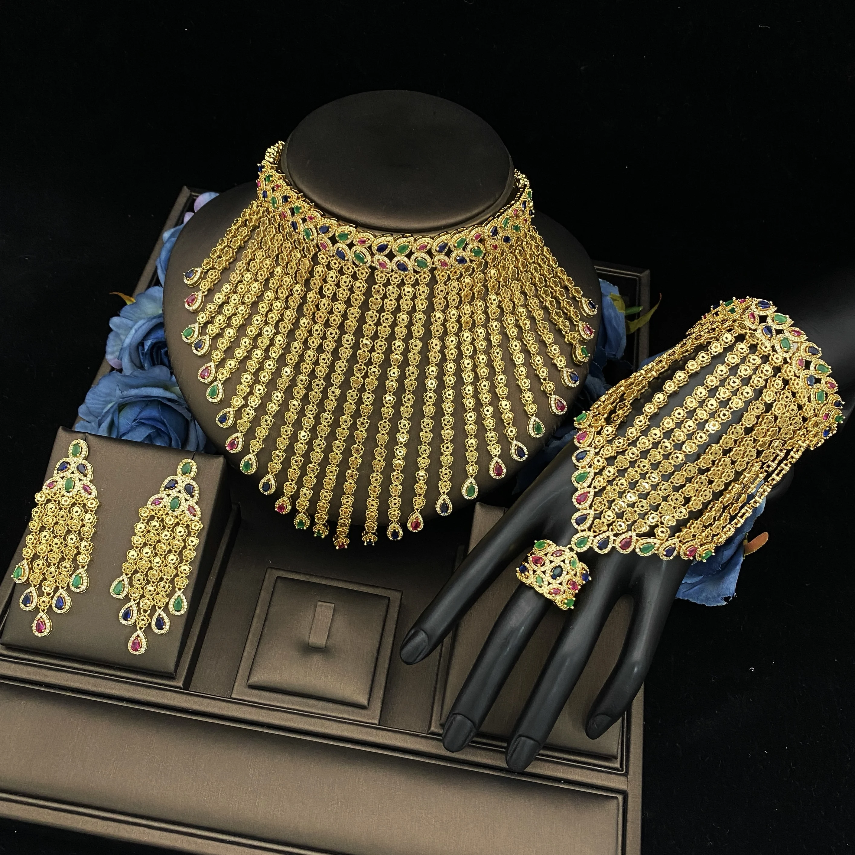 

JRH женские позолоченные ювелирные изделия в Дубае, комплект из 3 предметов, изящное ожерелье, серьги, браслет, кольцо, идеальный свадебный подарок