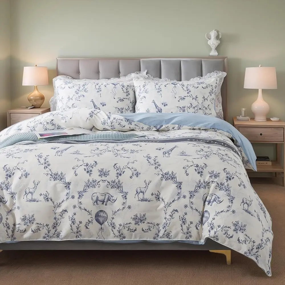 

Комплект пододеяльников Queen Size из хлопка, белый с голубым, с растительным и цветочным узором, в стиле фермерского дома, с изображением животных, Vin