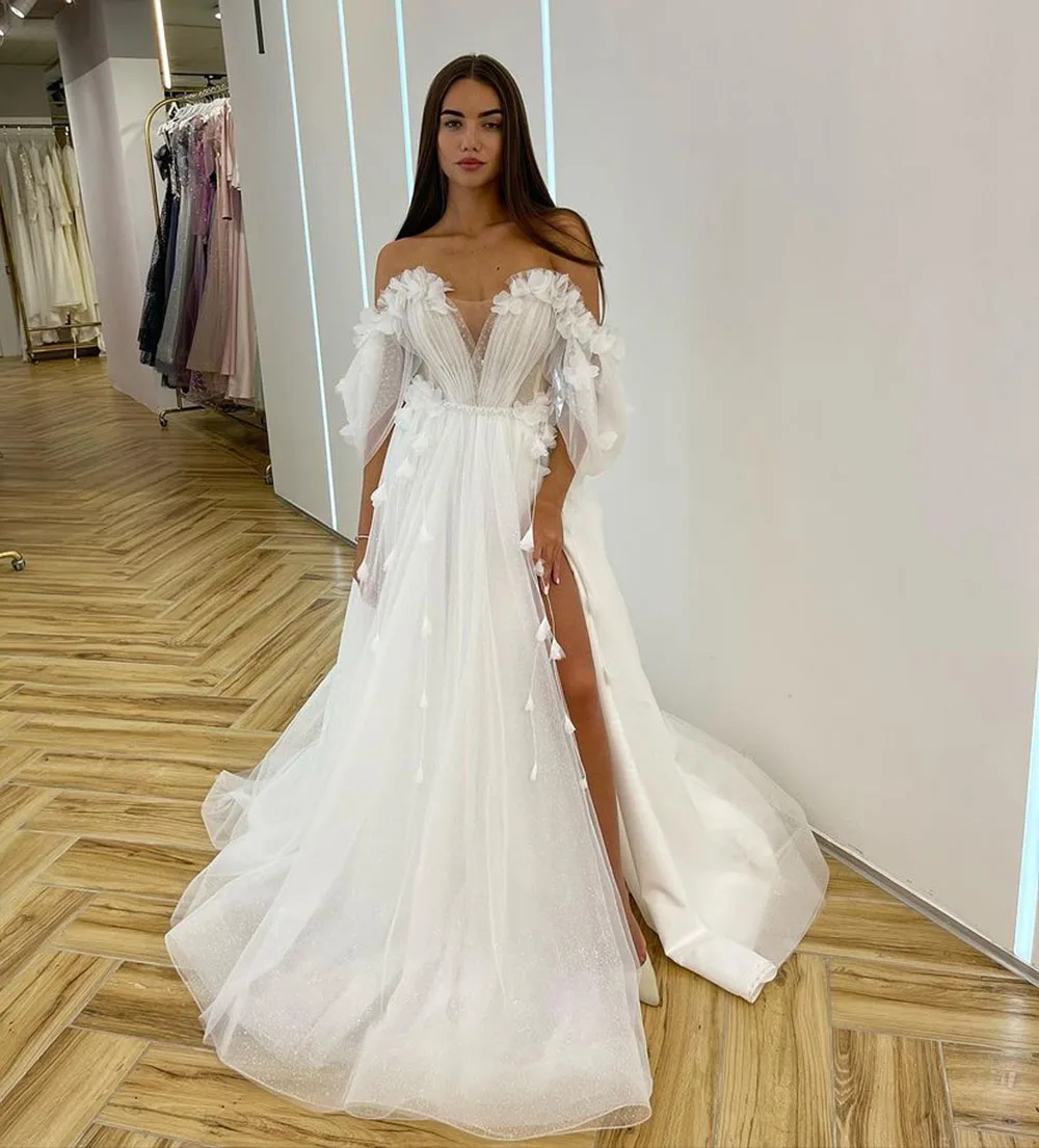 Sodigne Glitter Vlinder Trouwjurken Off Shoulder V Nek A-Lijn Zijsplit Rugloze Bruidsjurken Bruid Jurk Robe De Mariée