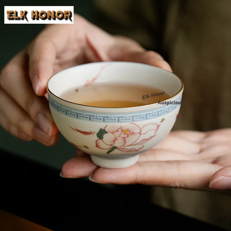 95ml Gold Drawing Pure Hand-painted Fish Algae Teacup Tea Bowl Tea Cup Set Tea-tasting Fragrance Cup Chazhan Master Cups Teaset