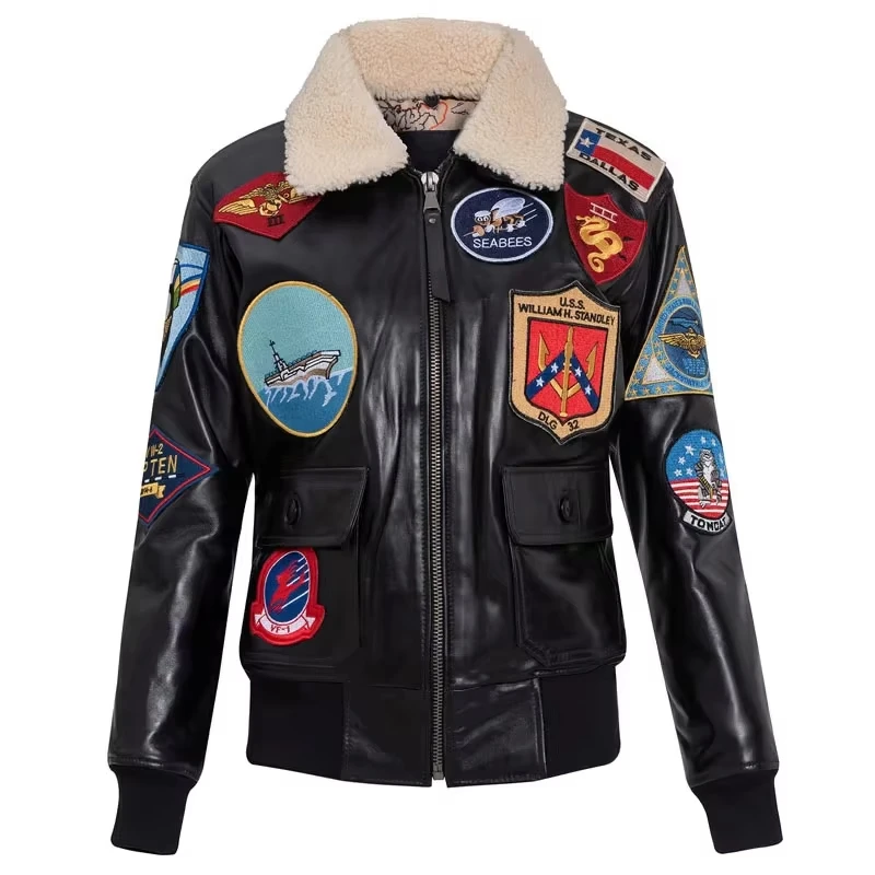 

Black Top Gun Pilot Leather Jacket Women Military Style Wool Collar Genuine Natural Sheepskin G1 Flight Leather Coat