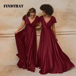 Findthat-vestidos de dama de honor de satén con cuello en V para boda, elegantes vestidos de fiesta de noche de línea a de manga corta, hasta el suelo, personalizados, 2024