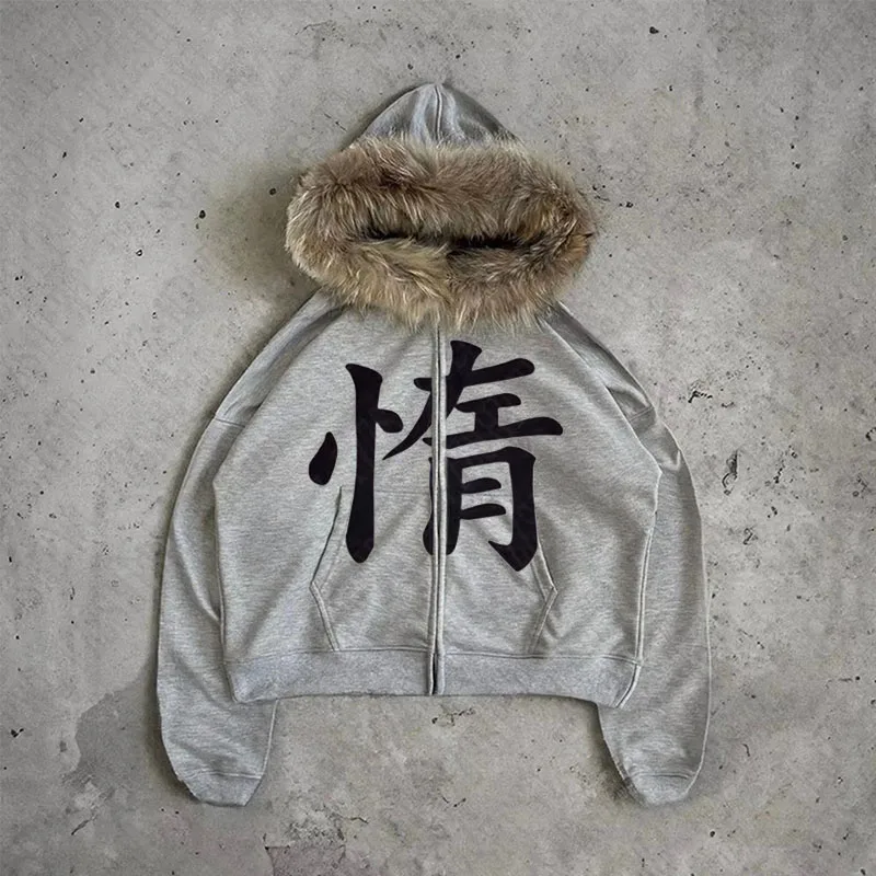 Chaqueta decorativa de estilo europeo y americano con borde de felpa con estampado de texto, chaqueta informal de calle Harajuku KPOP