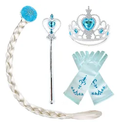 Girls Elsa Anna Accessories Set Kids Party Princess 4 Piece Set Snow Queen Snowflake Magic Wand Tiara Crown Gloves Wig Braid