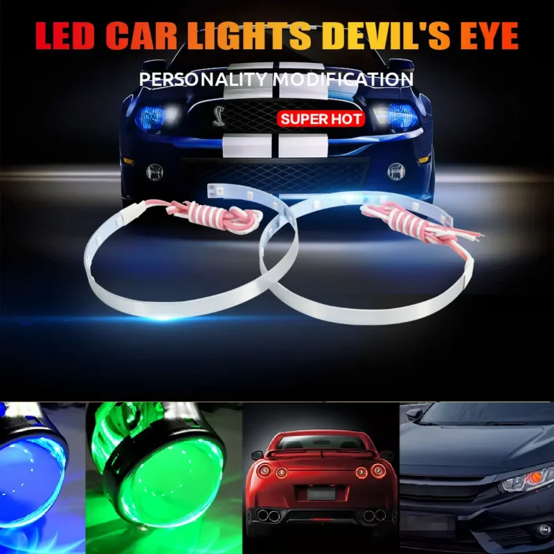 

2 шт., автомобильный проектор Devil Eyes Demon Eyes, линза для фар 2,5-3,0 дюймов, 3528 15SMD, светодиодные фары DRL DC12V, белый, красный