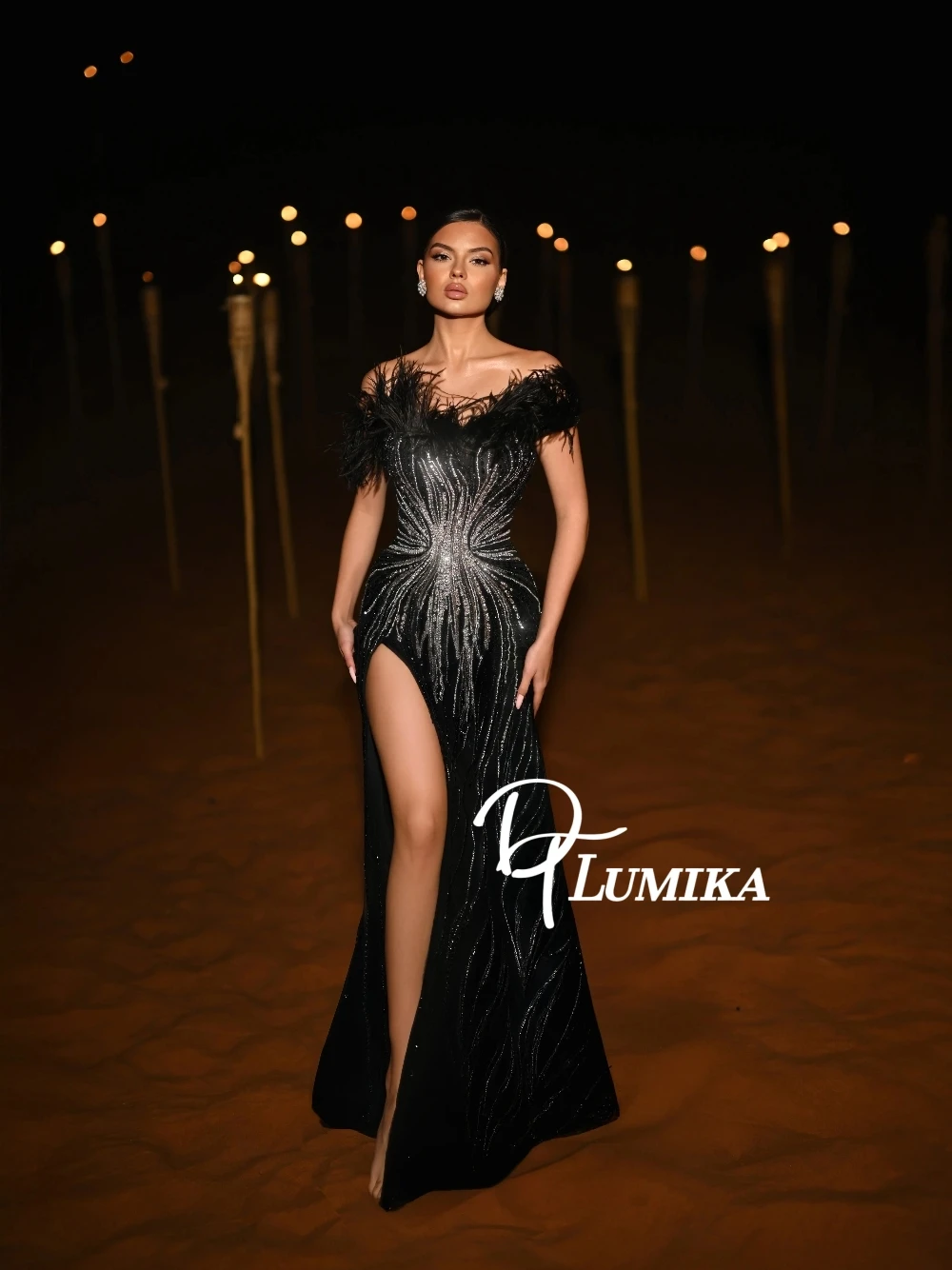 

Black Luxury Feather Off-the-shoulder Evening Dress Sparkly Sequined Sexy High Slit Slim Formal Prom Gown For Women Customized