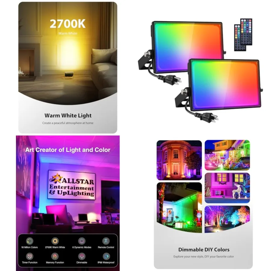 Pack LED RGBW Flood Lights Outdoor 70W, 700K Warm White Dimmable Million Color Changing Floodlight Waterproof with Remote, DIY