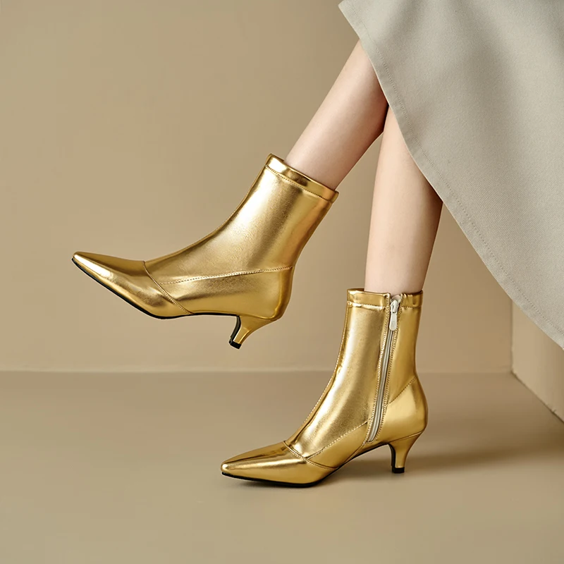 

Модные ботильоны больших размеров с острым кошачьим каблуком и боковой молнией, металлический цвет, материал из микрофибры, простые ботинки челси