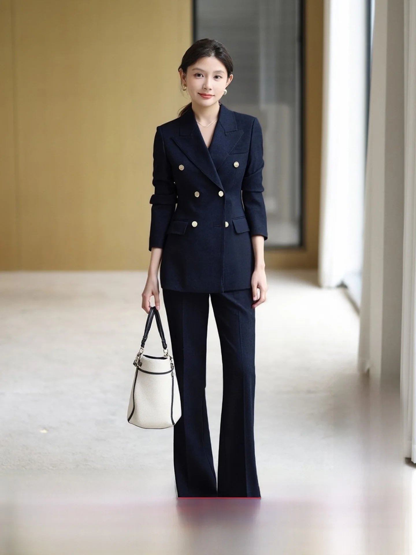 

Ele Slim Fit Blue Suit Set for Women Luxury Metal Bule Formal Straight Leg Pants Profional Jaet Busin Wear