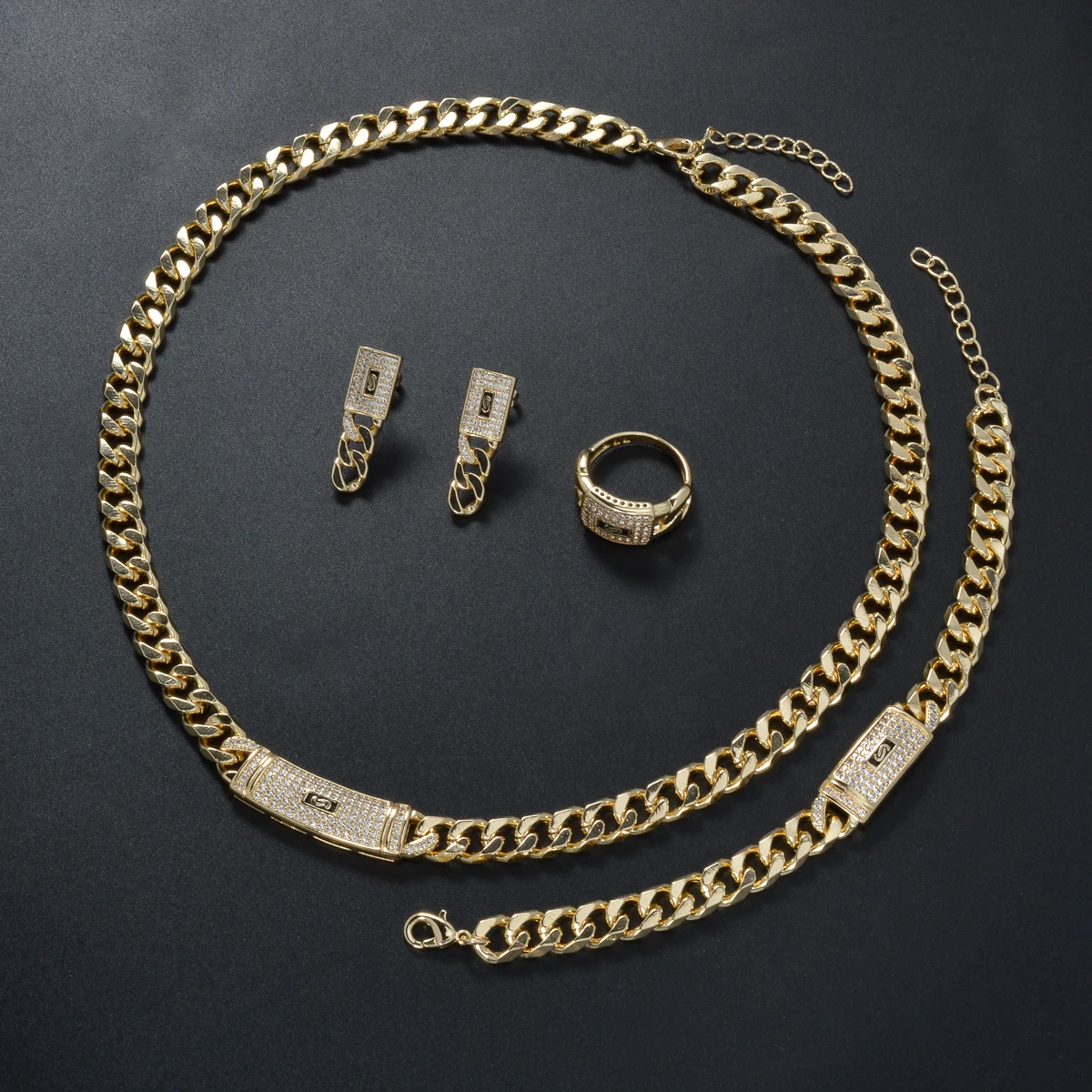 Cuban Link Jewelry Set 4Pcs 18K Gold Plated Curb Chain Necklace Bracelet Ring Earrings Hip Hop Punk Men Women Party Gift Jewelry
