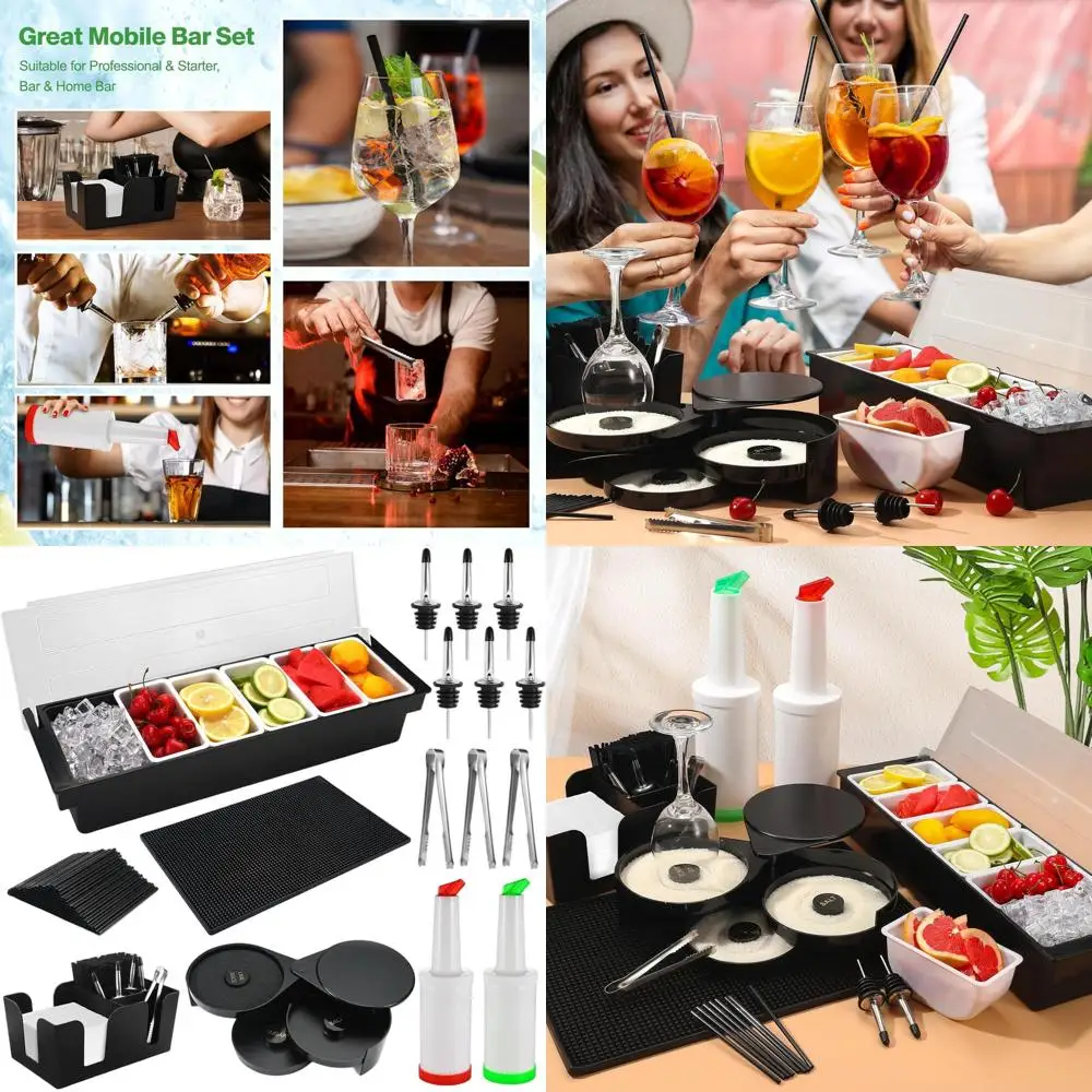 

18 x 12 Bar Mat with Garnish Tray, Lid, Caddy, 3-Tier Glass Rimmer, 2 Juice Bottles, 3 Mini Tongs, 12 Liquor Pourers, 500 Cockta