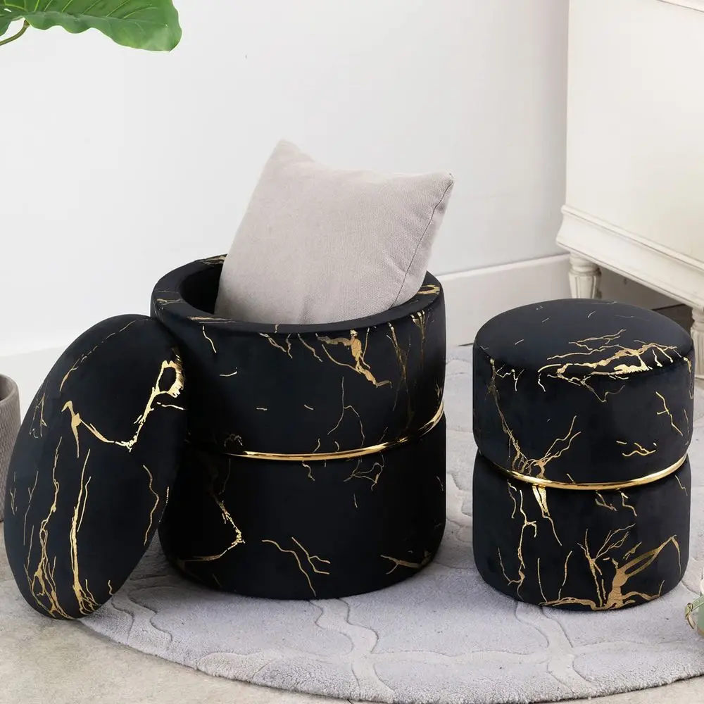 

Home Vanity Stool Chair Velvet Storage Ottoman Foot Rest Stool Upholstered Seat with Gold Plating Ring,Pack of 2