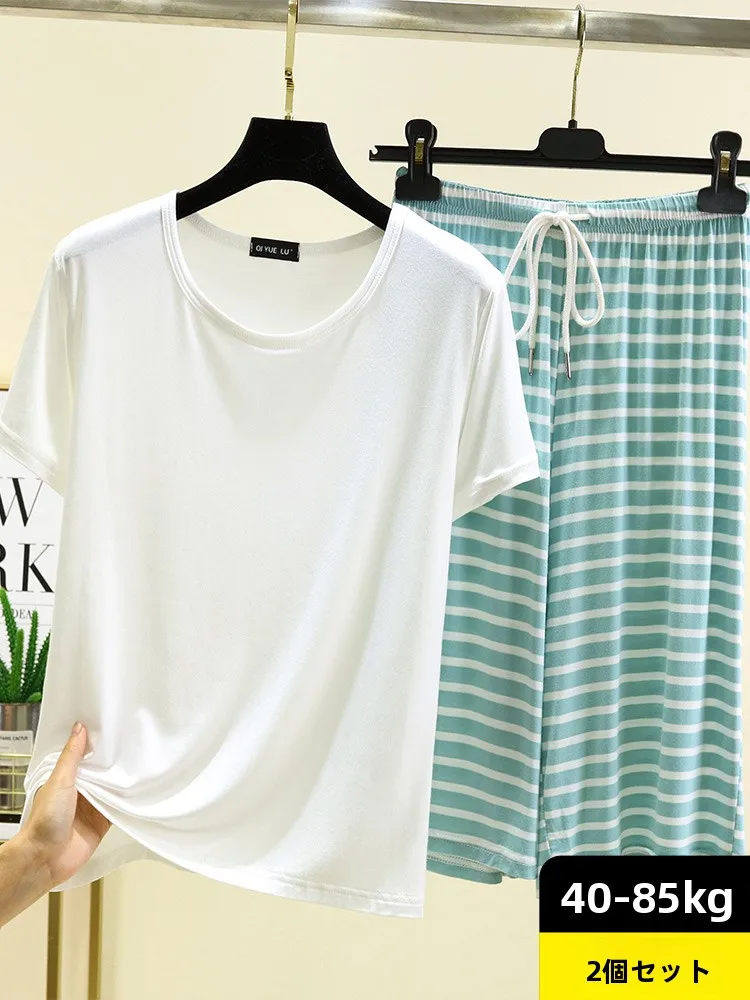 

Свободный женский комплект одежды из модала ort Sve, комплект домашней одежды, белая футболка больших размеров, полосатые брюки на семь футов, летние брюки