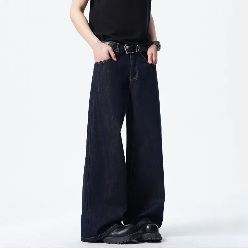 

Classic Straight Leg Denim Pants Wholesale Hot Sale Minimalist Casual Streetwear Men Dark Blue Loose Drag Floor Length Jeans