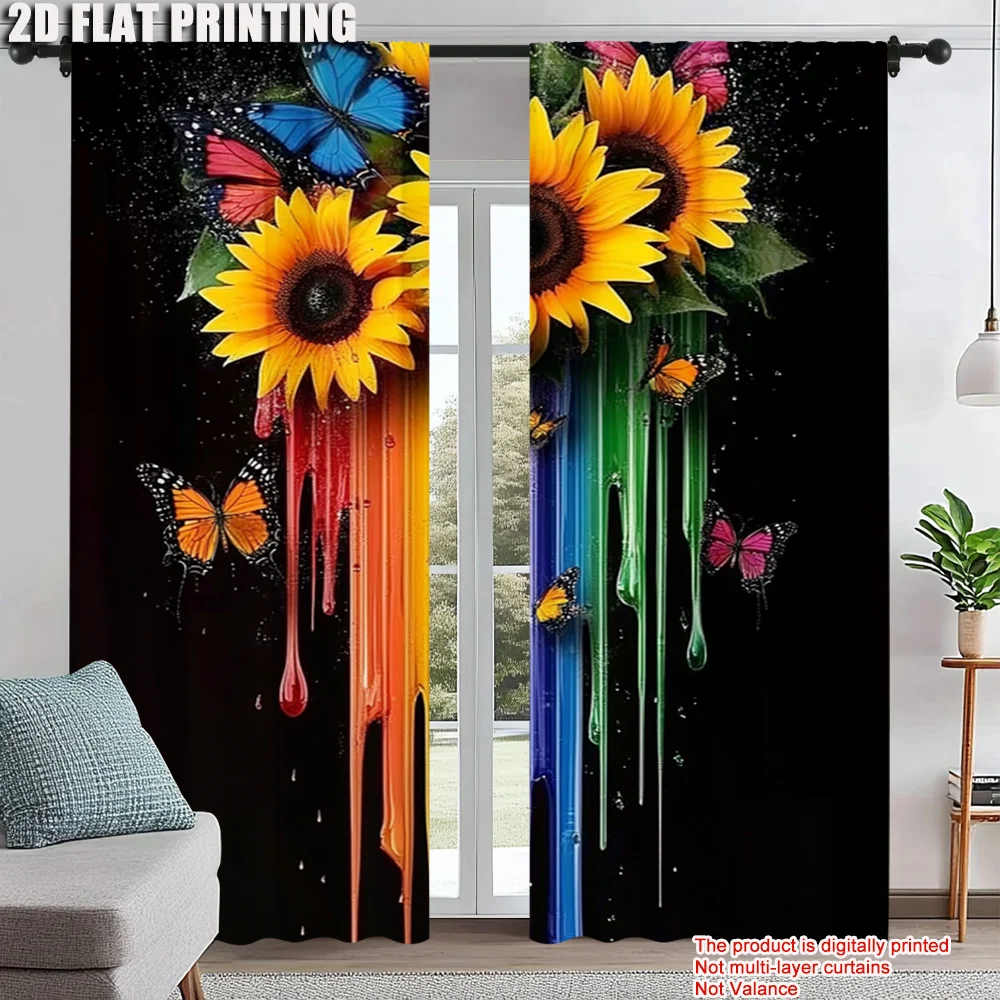 

2Pcs Sunflower And Butterfly Graffiti Curtains Colorful Rod Pocket Drapes For Bedroom Living Room Office Home Decor Polyester