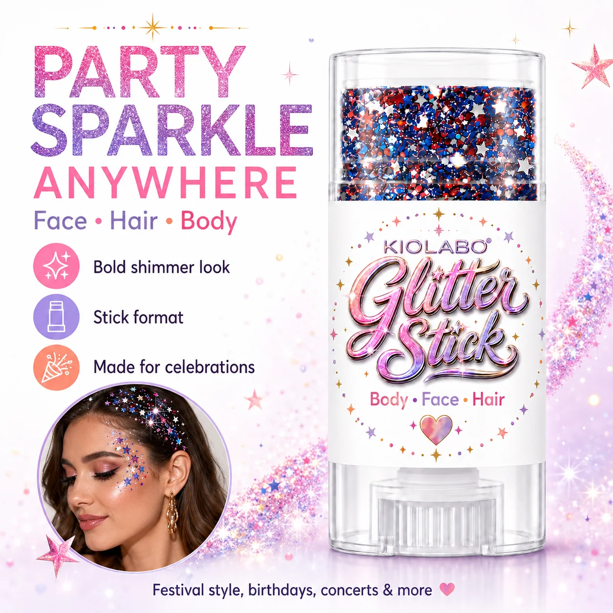 16g Star Sequins Glitter Stick, Multi Use Sparkling Gel Makeup for Face Hair Body Party,Suitable for holiday gifts