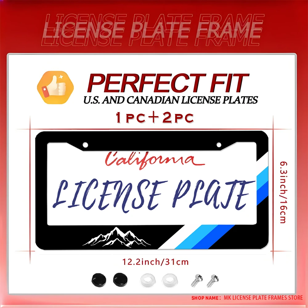 سيارة سوداء مبتكرة - إطار لوحة ترخيص مزخرف بطباعة جبلية وخطوط زرقاء، مادة ألومنيوم، تصميم بفتحتين