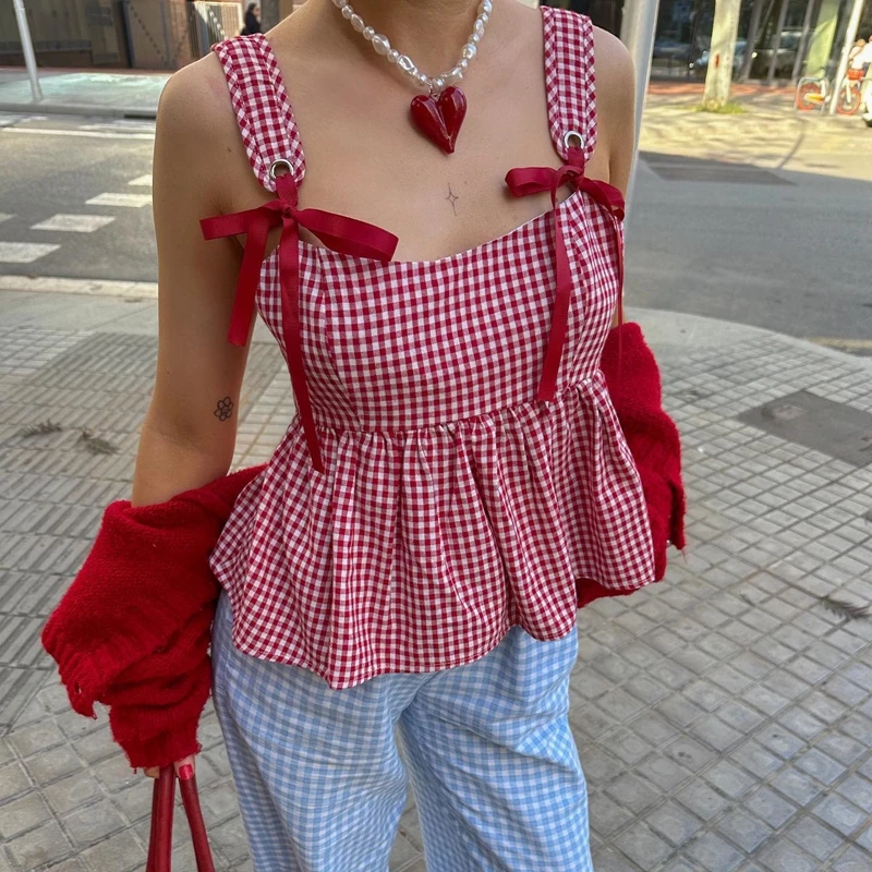 Fairy Sweet Cute Bow Tie Up Sleeveless Camis Girl Kawaii Clothes Fashion Outfits Vintage Style Crop Tops Y2K Ruffles Peplum Vest