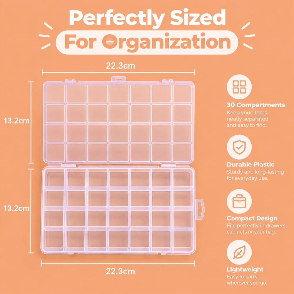 28 Cell Clear Plastic Storage with Card Slot Dividers for Nail Tips Beads and Sewing or Crafting Supplies