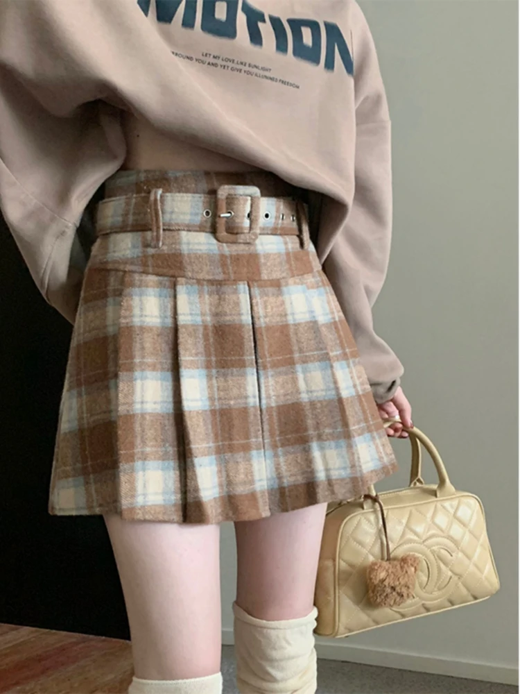 

ADAgirl Vintage Plaid Mini Pleated Skirt for Women Woolen A-line Checkerd Short Dress with Sashes Korean Fashion Autumn Winter