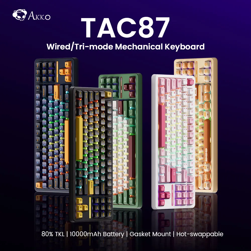 

Akko TAC87 Mechanical Keyboard 80% TKL Hot-swap RGB 10000mAh USB Wired/2.4G&BT Wireless Customized Gaming Keyboard Gasket Mount