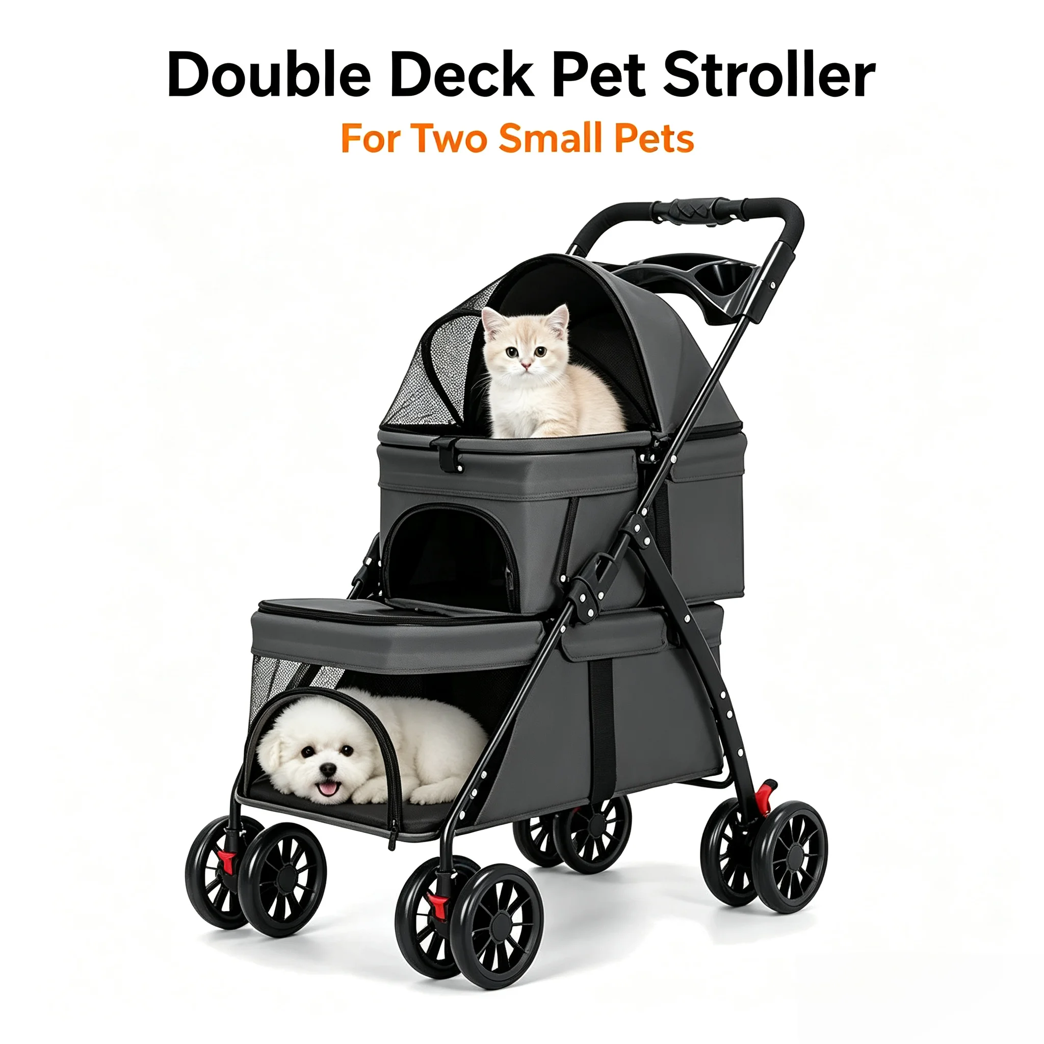 Dual‑Layer Pet Stroller Foldable Travel Dog Cat Cart Breathable Mesh Wagon with Cup Holder Storage Bag for Small Animals