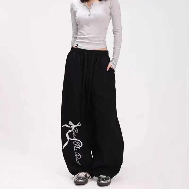 

Black Y2K Sweatpants Woman Bow Print High Waist Drawstring Design New Pants Summer Fashion Wide Leg Trousers Streetwears