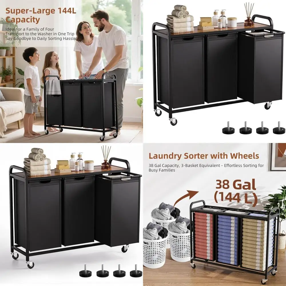 

Корзина для белья с тремя отделениями, корзиной на колесиках и верхней полкой, большая вместимость 3 x 12,7 галлонов