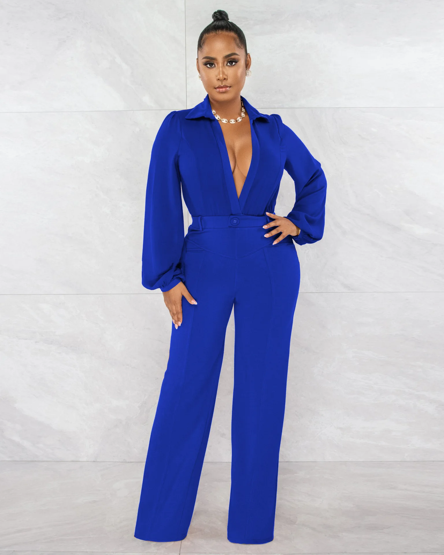 Al224 Cross-Border European and American Clothing Jumpsuit Sexy V Neck Long-Sleeved Tight Shirt Pants Autumn and Winter