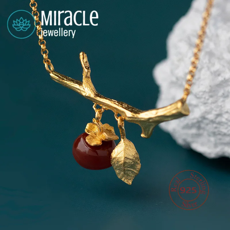 Miracle Sterling Silver 925 Original Design Wanshi Ruyi Heart Wishing Success  New Chinese Style Red Agate Persimmon Necklace