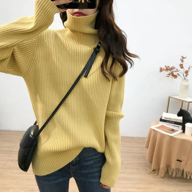 Frauen Einfarbig High Neck Pullover Herbst Winter Mode Einfache Gestrickte Top Koreanische Beiläufige Lose Grundlegende Pullover Tops