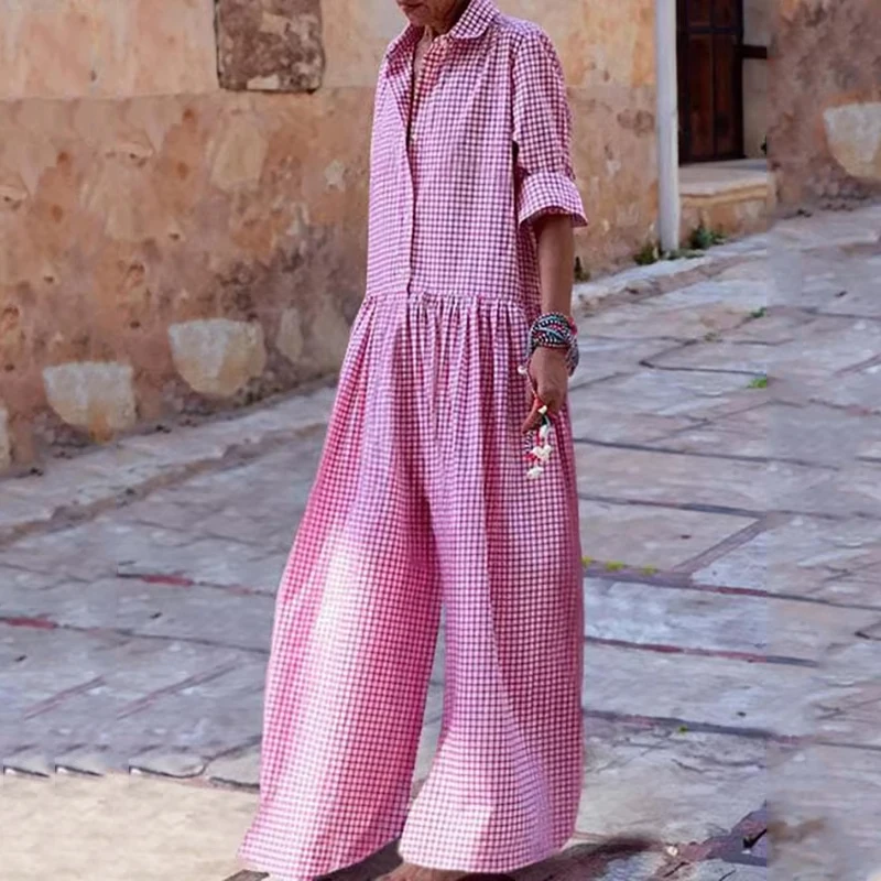 Fashion Plaid Pink One Pieces Jump Suits Pant 2024 New Summer Autumn Loose Full Jumpsuit Overalls for Woman