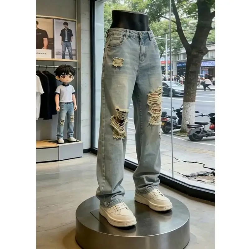 Blue Washed Ripped Skinny Jeans Men's Summer Thin Straight Leg Micro Flared Pants Slimming High Waist Denim Shorts Casual Jeans