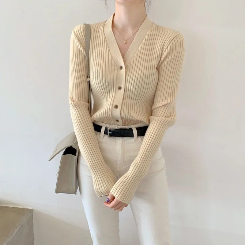 

Women Clothing Fashion Exquisite V-Neck Knitted Top Spring Autumn Elegant Long Sleev Knitwear Office Lady Casual Slim Open Top