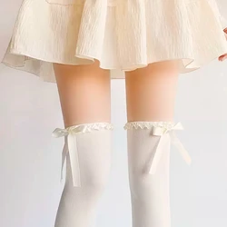 JK Girls Thigh High Stockings Bandage Bow Lolita Lace Ruffle Knee High Socks Solid Color Black White Long Socks Thigh High Socks