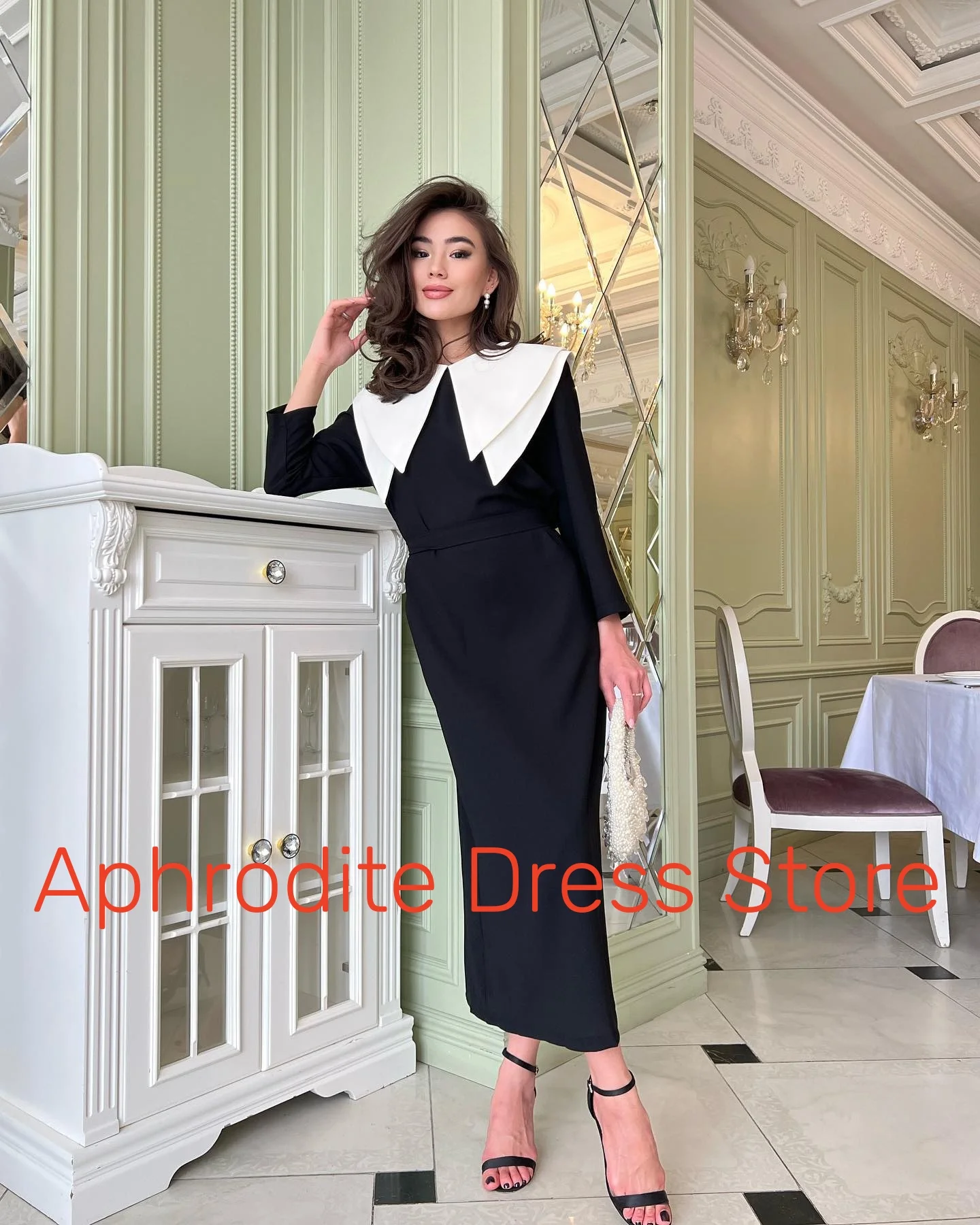 Aangepaste delicate jersey gelaagde avondjurken temperament lange mouwen ronde hals galajurk aangepast formaat beroemdheid