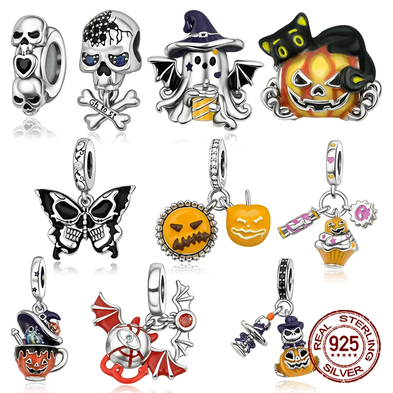 

925 Sterling Silver Halloween Series Imp Bat Pendant Pumpkin Skull Beads for Original Bracelet Exquisite Gothic Bead Women Gift