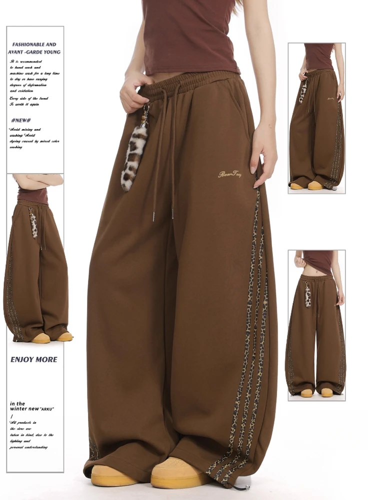 American Retro Leopard Print Webbing Patchwork Casual Knife  Sweatpants Loose Slimming Wide Leg Pants for Men And Women