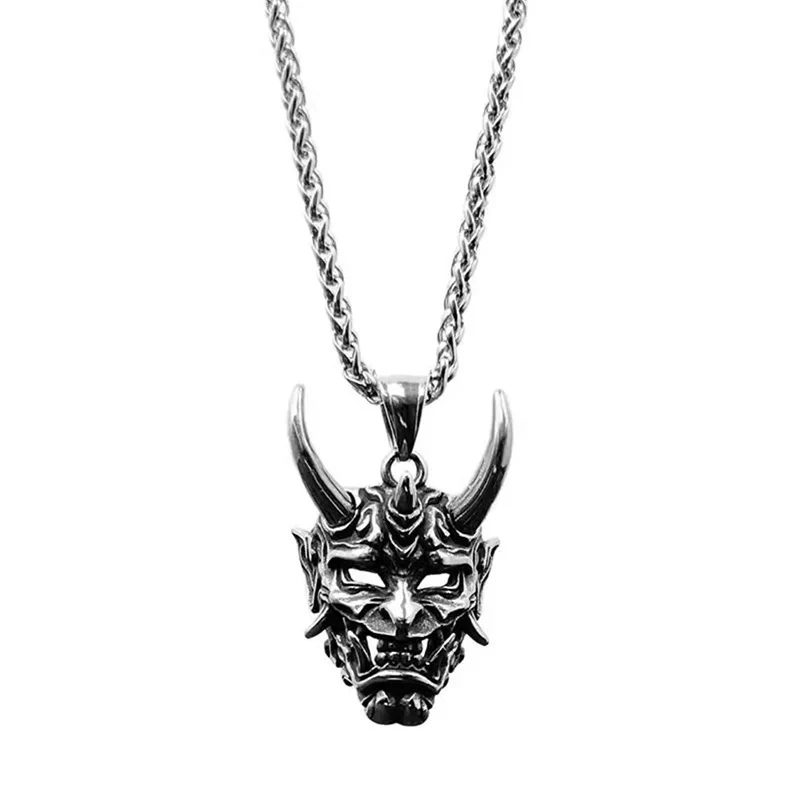 Vintage Punk Ghost Skull Mask Pendant Necklace Gothic Oni Samurai Golden/Silver Color Horn Horror Halloween Necklaces Jewelry