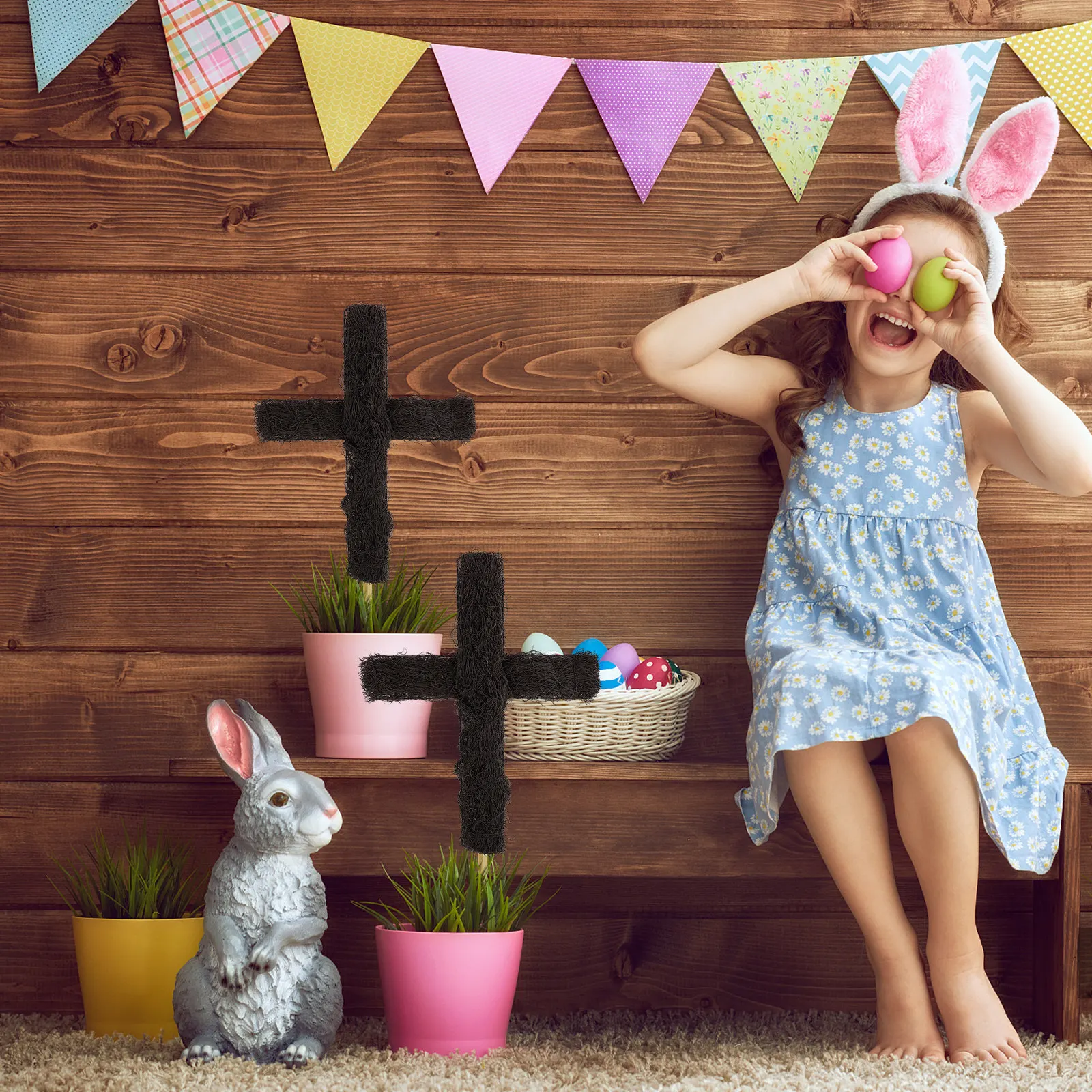 

3 Pcs Cross Ornament Easter Lawn Wreath Plug in DIY Rattan Garden Stakes Decoration