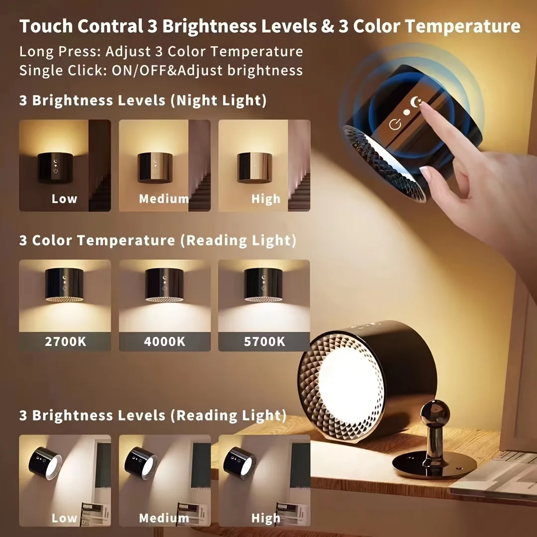 Magnetic Suction Swivel Detachable Touch Night Light, 3 Colors Adjustable (3000K-4500K-6500K), Built-in 2000mAh Lithium Battery