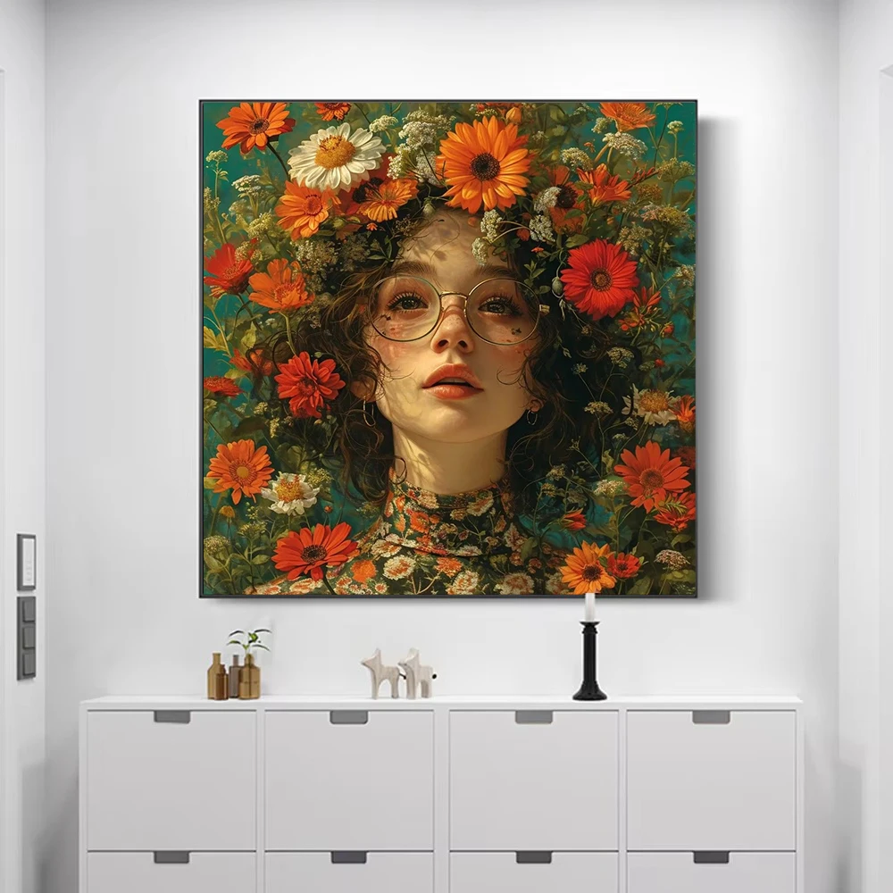 Surrealistisches Blumenmädchen-Porträt, Leinwandbild, Wandkunst, Blumenkopf-Figur, Poster und Druck für Wohnzimmer, ästhetische Dekoration ﻿ – Detail 5
